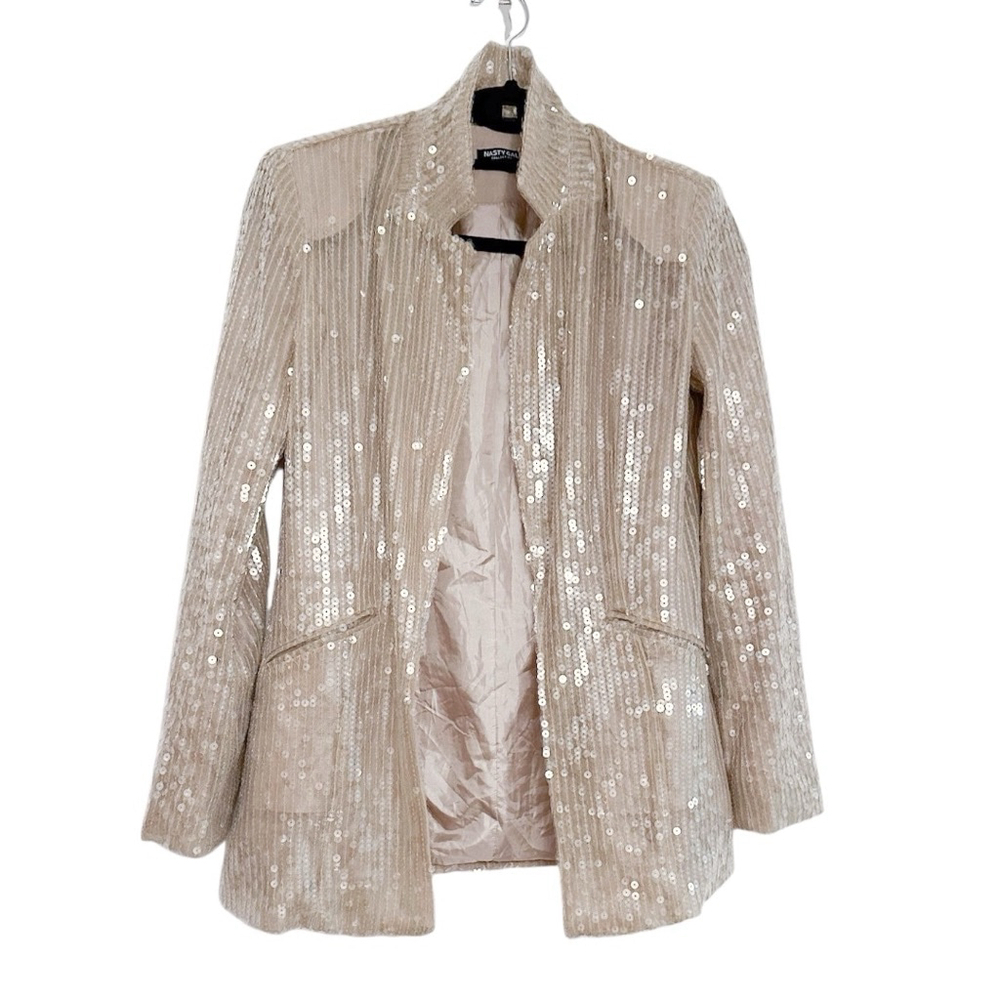 Nasty Gal Champagne Sequin Blazer Party Open Front Size US 2 Jacket Only - Picture 2 of 11